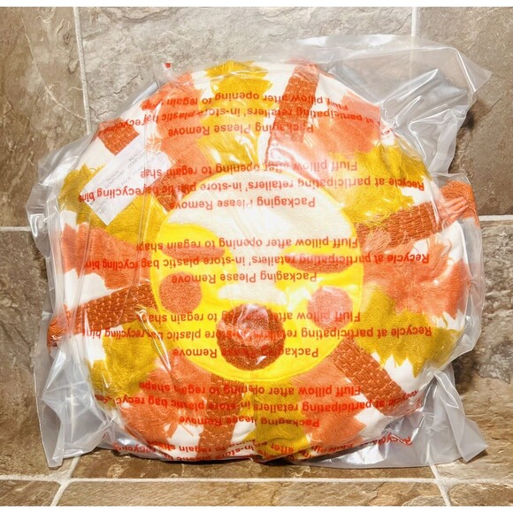 Opalhouse Sun Face Round Throw Pillow Gold - Fringed and Embroidered - New - Picture 4 of 6